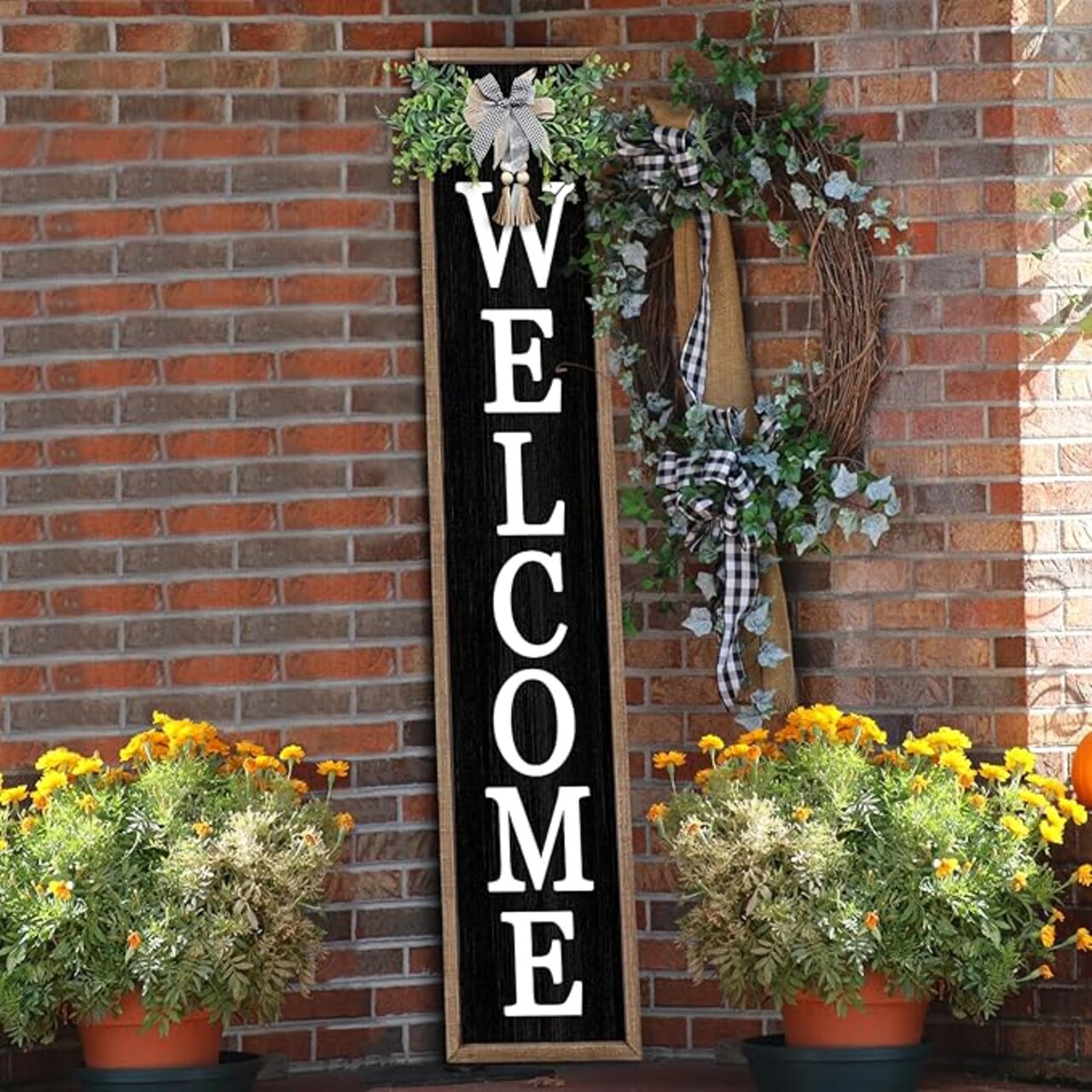 Outdoor Welcome Sign for Front Porch Standing 45"×9" Tall Wood Frame Vertical Leaner farmhouse Outside Rustic Large Welcome Sign for Front Door Home Decorations (Wood)